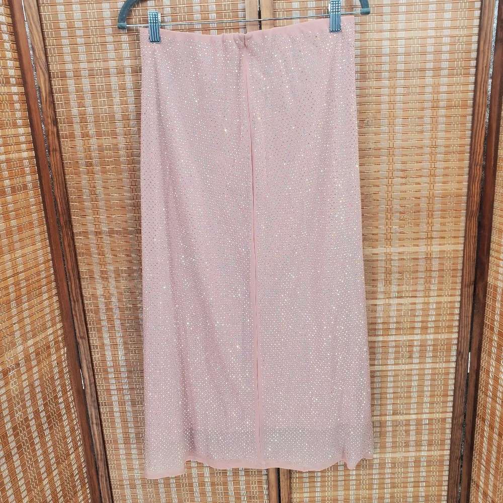 ♧ Antropologie Iridescent Pink Rhinestone Midi Skirt Size Medium